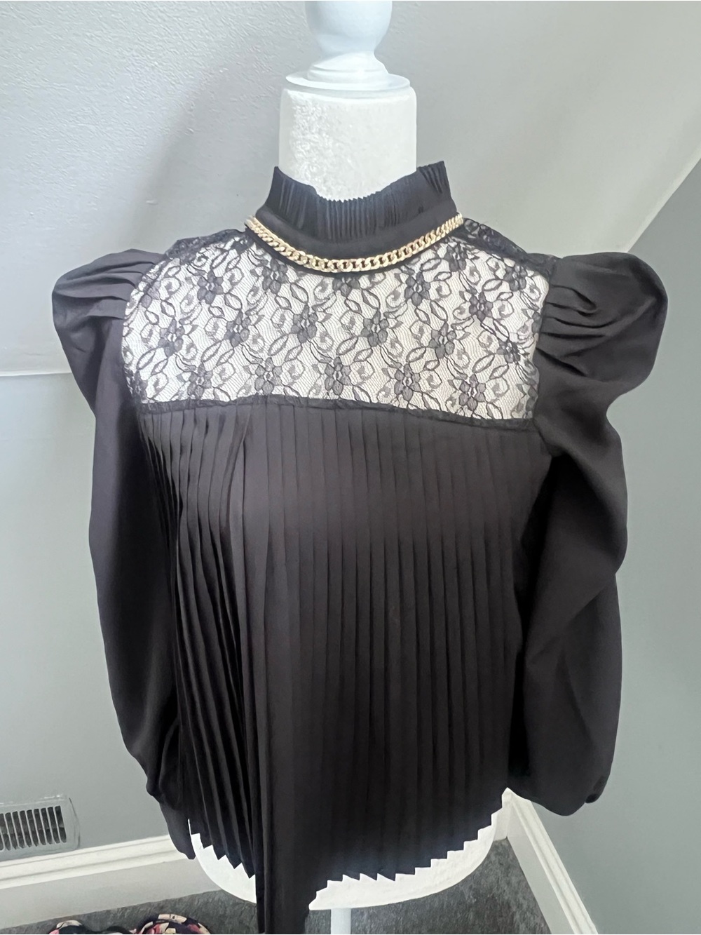 Gracia Black Pleated Lace Yoke Blouse with Gold Chain Trim